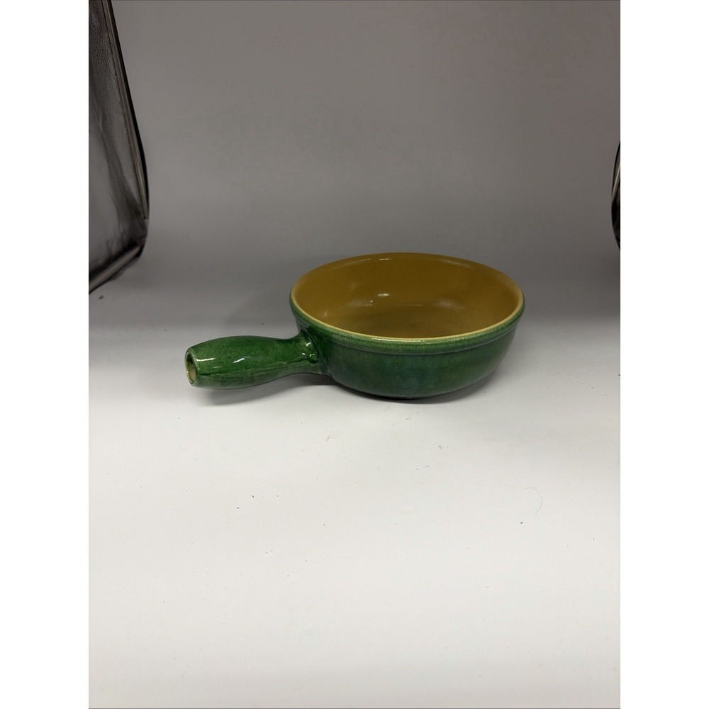 Vtg Landert 22 Fondue‎ Pot Switzerland Green Yellow 60s 70s Mod MCM Pottery Read